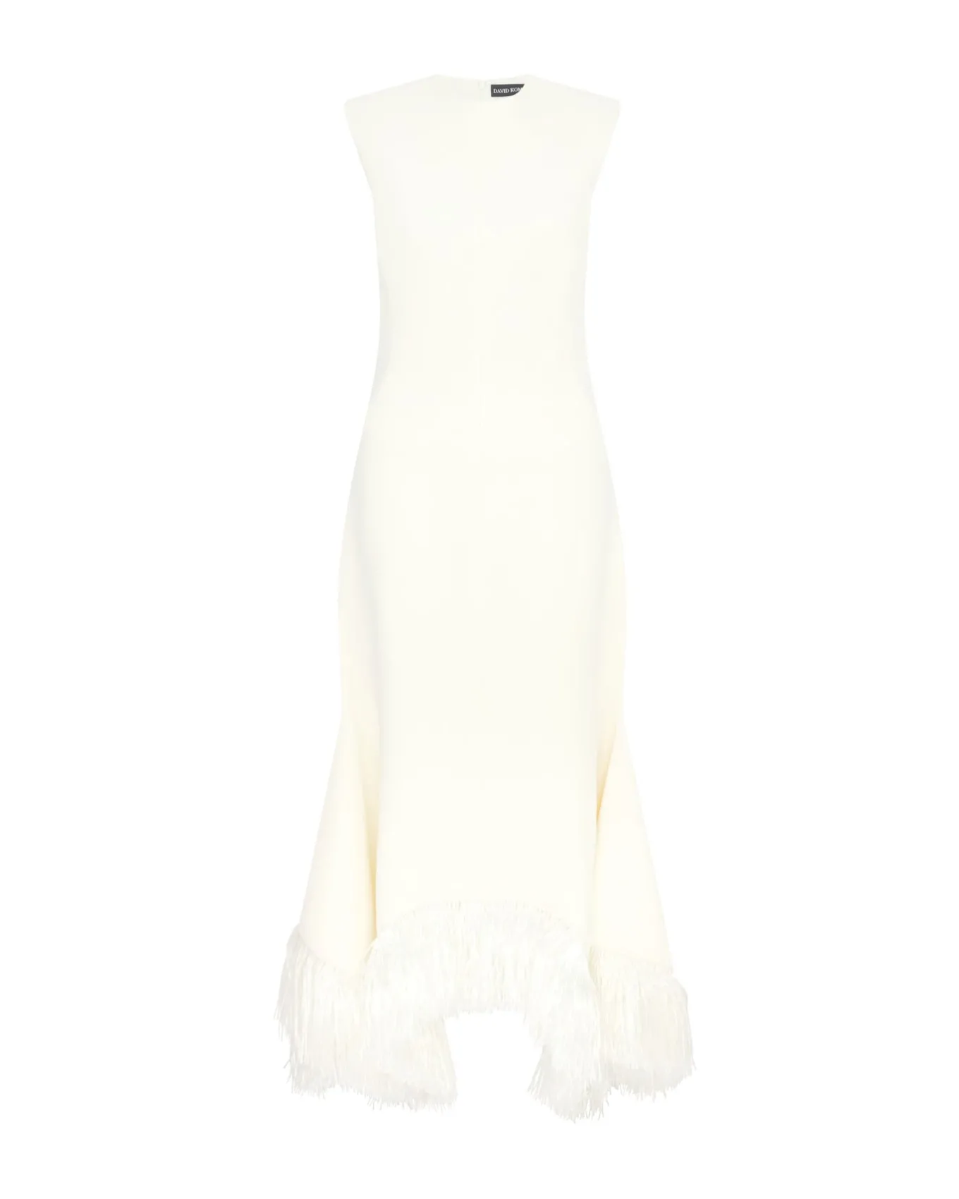RAFFIA FRINGE AND FLOUNCE HEM MIDI DRESS