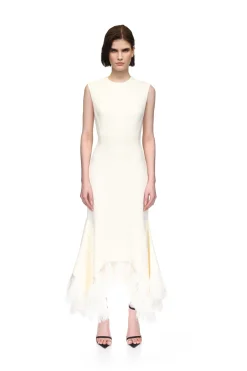 RAFFIA FRINGE AND FLOUNCE HEM MIDI DRESS