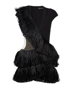 RAFFIA FRINGE AND TULLE CUTOUT MINI DRESS