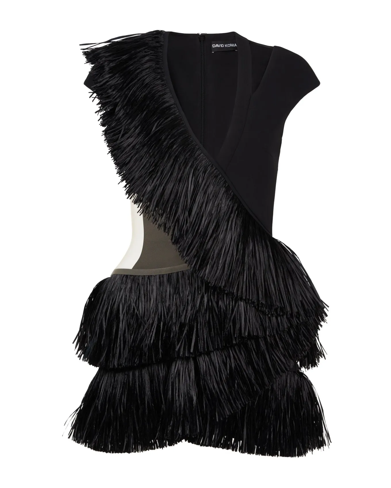 RAFFIA FRINGE AND TULLE CUTOUT MINI DRESS