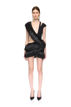 RAFFIA FRINGE AND TULLE CUTOUT MINI DRESS