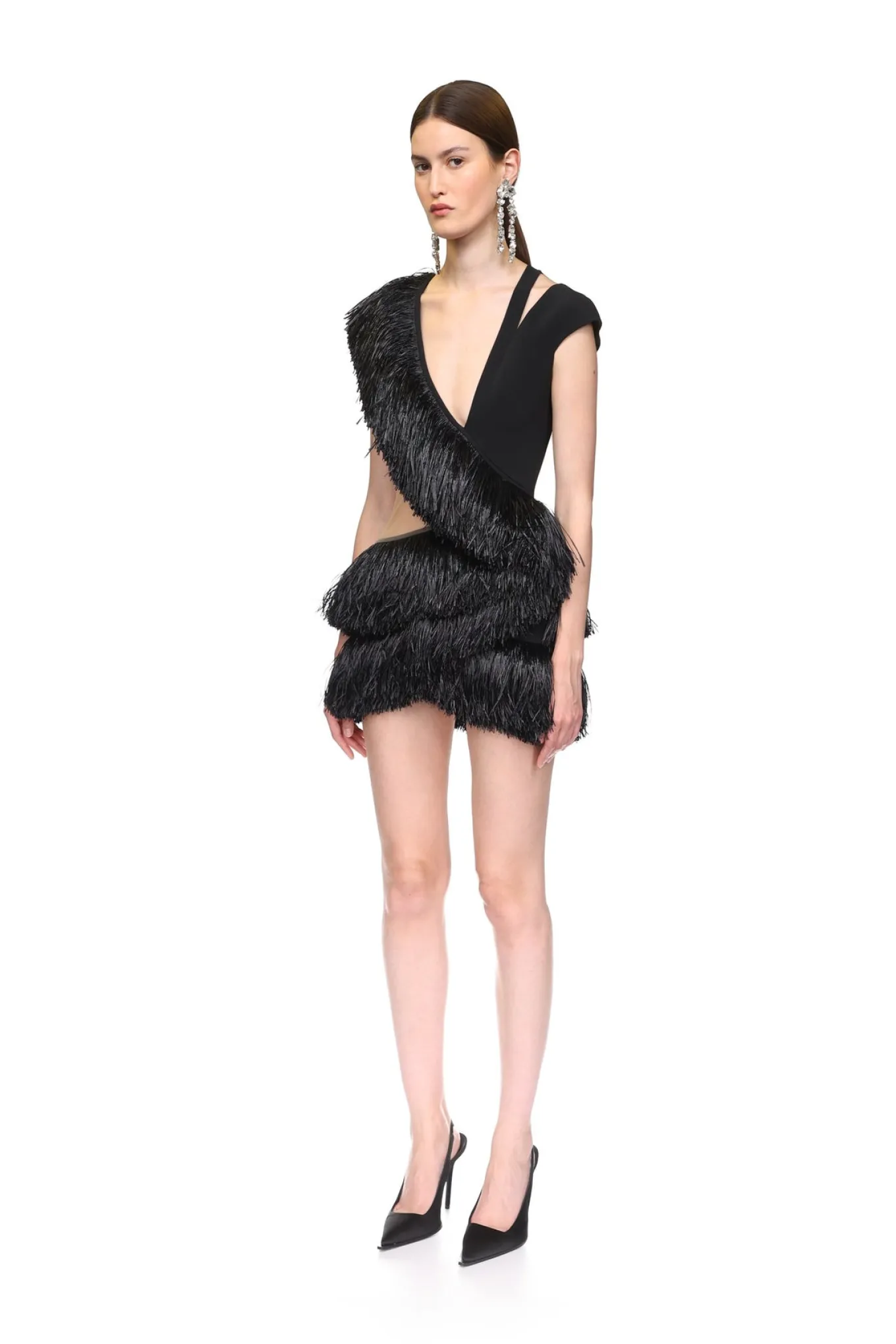 RAFFIA FRINGE AND TULLE CUTOUT MINI DRESS