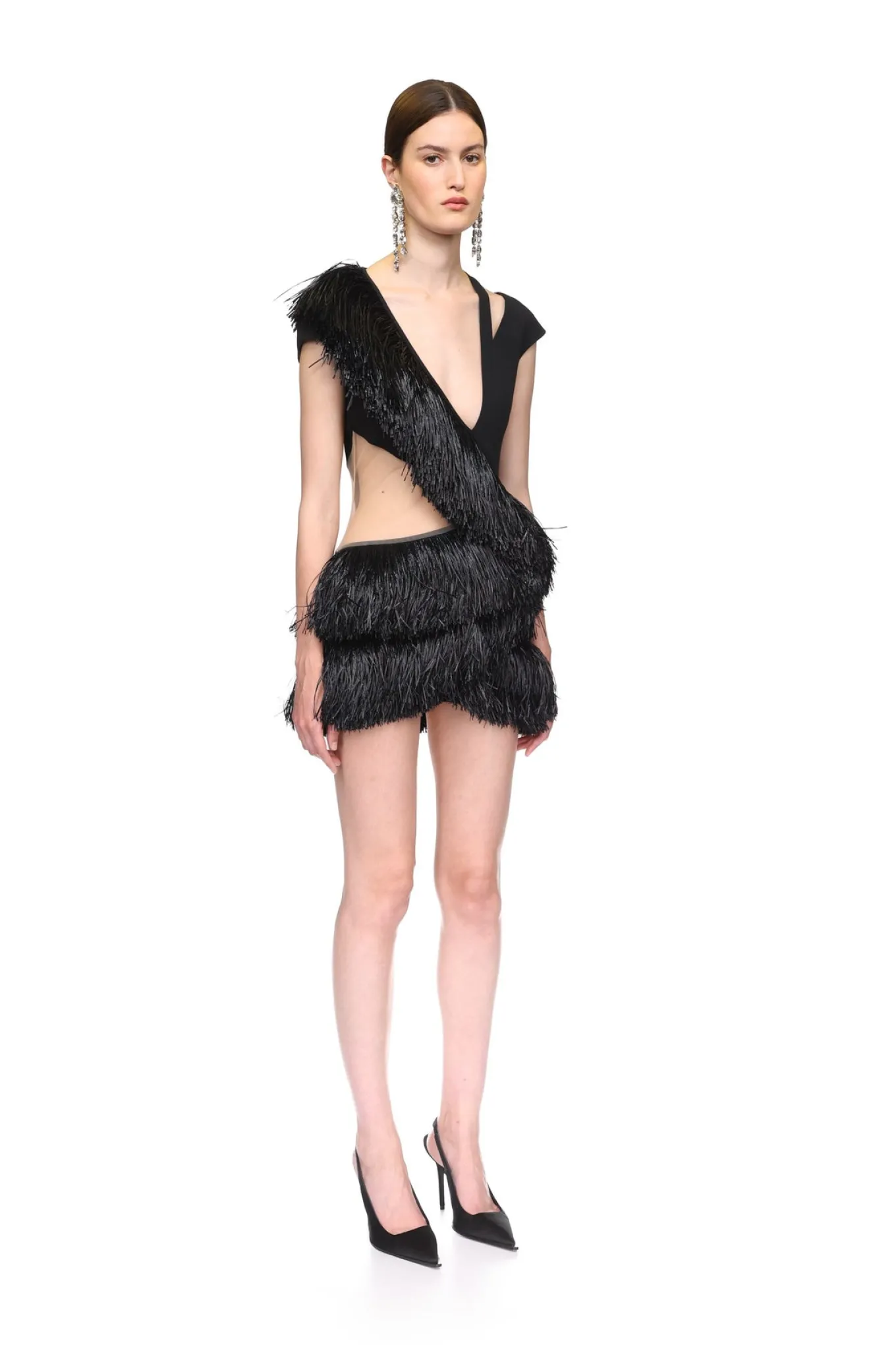 RAFFIA FRINGE AND TULLE CUTOUT MINI DRESS