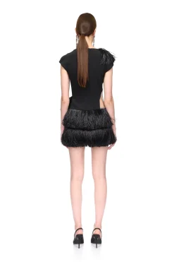 RAFFIA FRINGE AND TULLE CUTOUT MINI DRESS