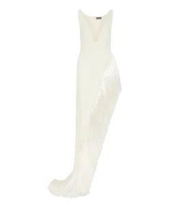 RAFFIA FRINGE ASYMMETRIC HEM GOWN