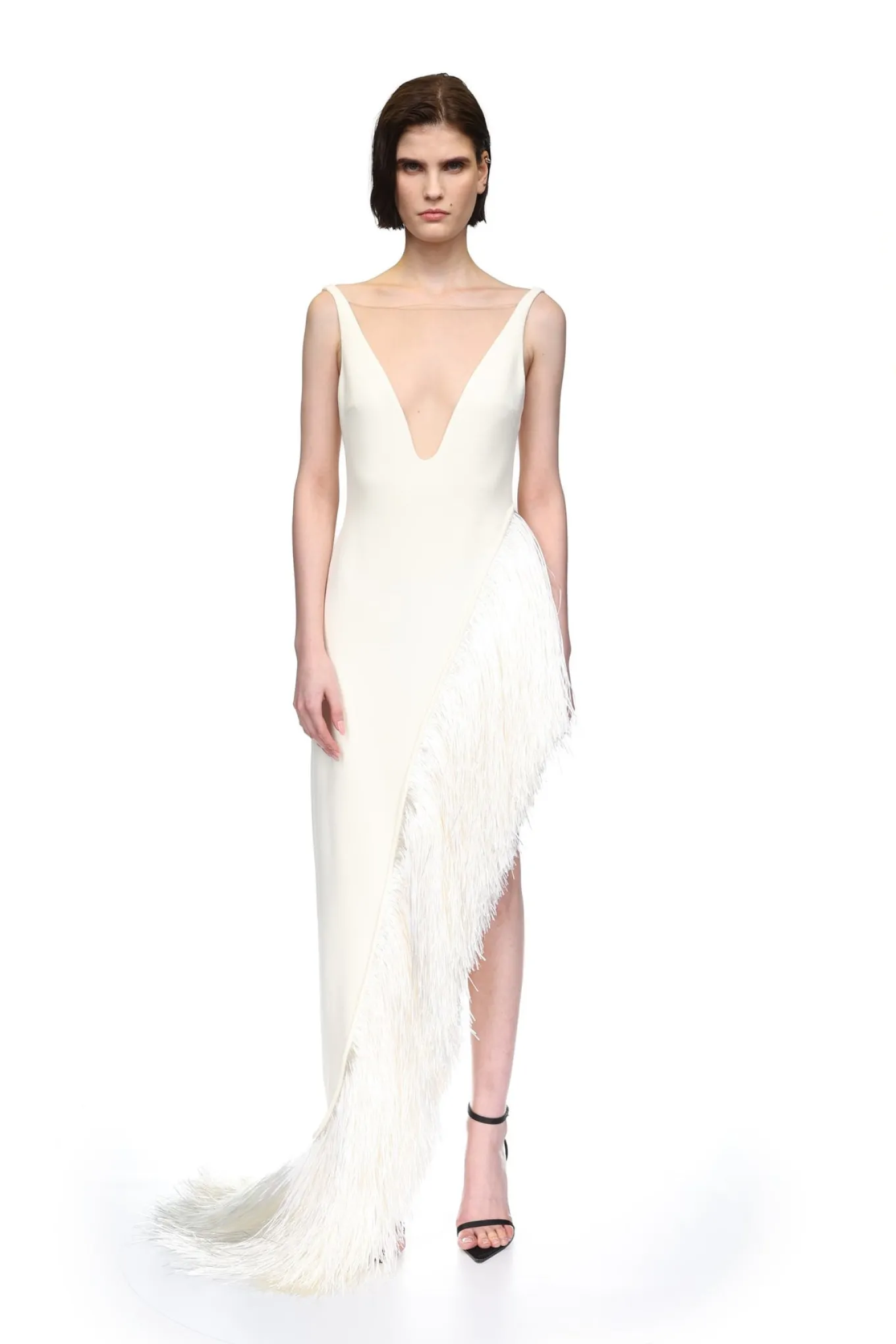 RAFFIA FRINGE ASYMMETRIC HEM GOWN