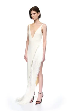 RAFFIA FRINGE ASYMMETRIC HEM GOWN