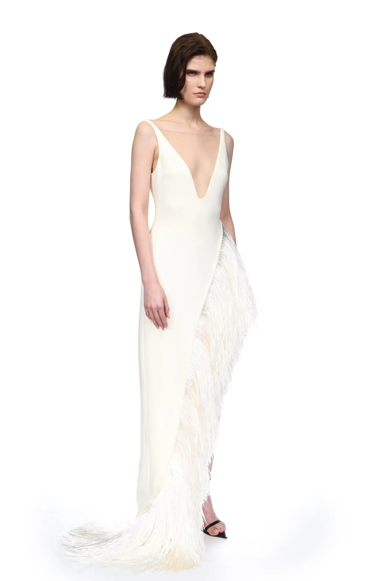 RAFFIA FRINGE ASYMMETRIC HEM GOWN