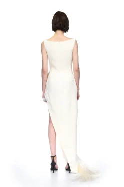 RAFFIA FRINGE ASYMMETRIC HEM GOWN