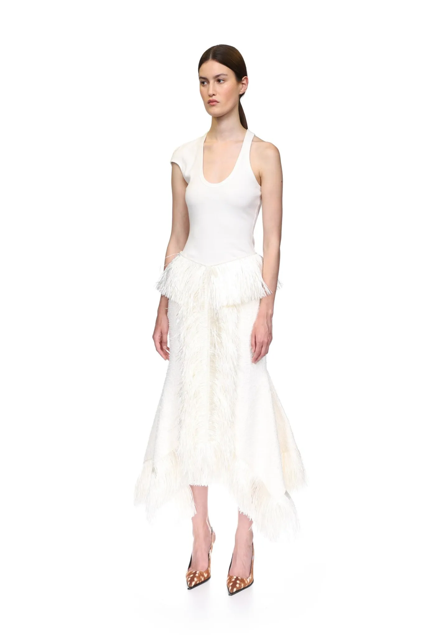 RAFFIA FRINGE TRIM AND BOUCLE MIDI SKIRT