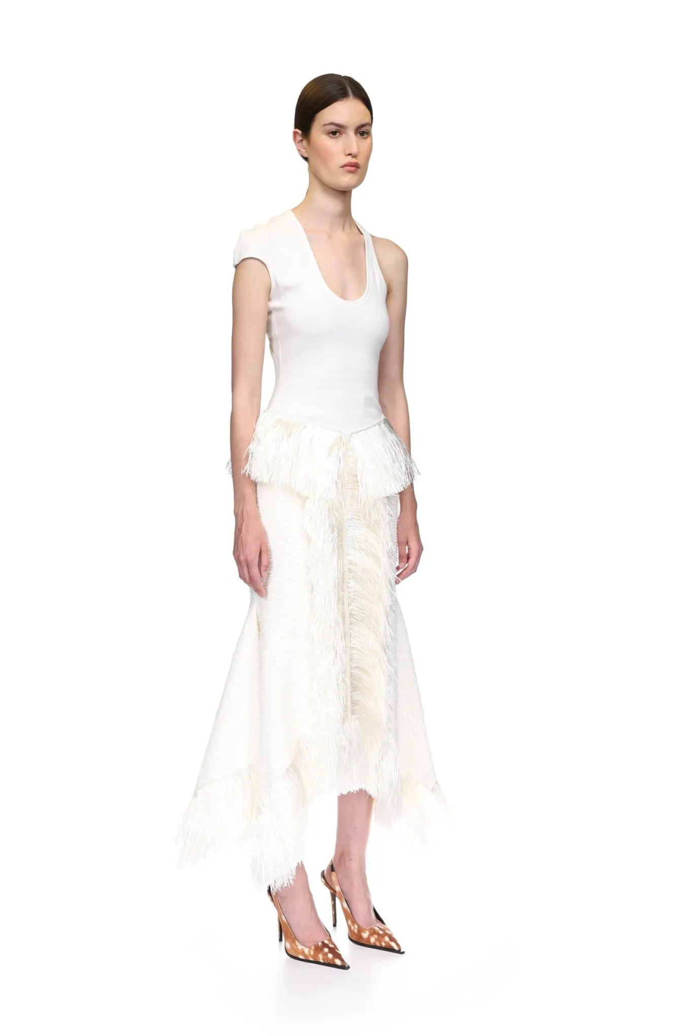 RAFFIA FRINGE TRIM AND BOUCLE MIDI SKIRT
