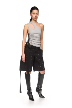 RHINESTONE CRYSTAL EMBROIDERY DENIM SHORTS