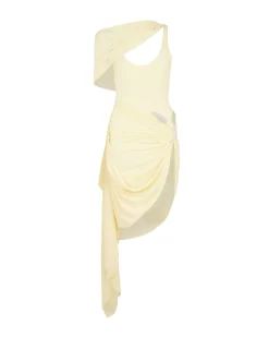 RUCHED ASYMMETRIC MIDI DRESS WITH CRYSTAL HUMMINGBIRD