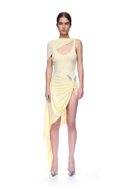RUCHED ASYMMETRIC MIDI DRESS WITH CRYSTAL HUMMINGBIRD