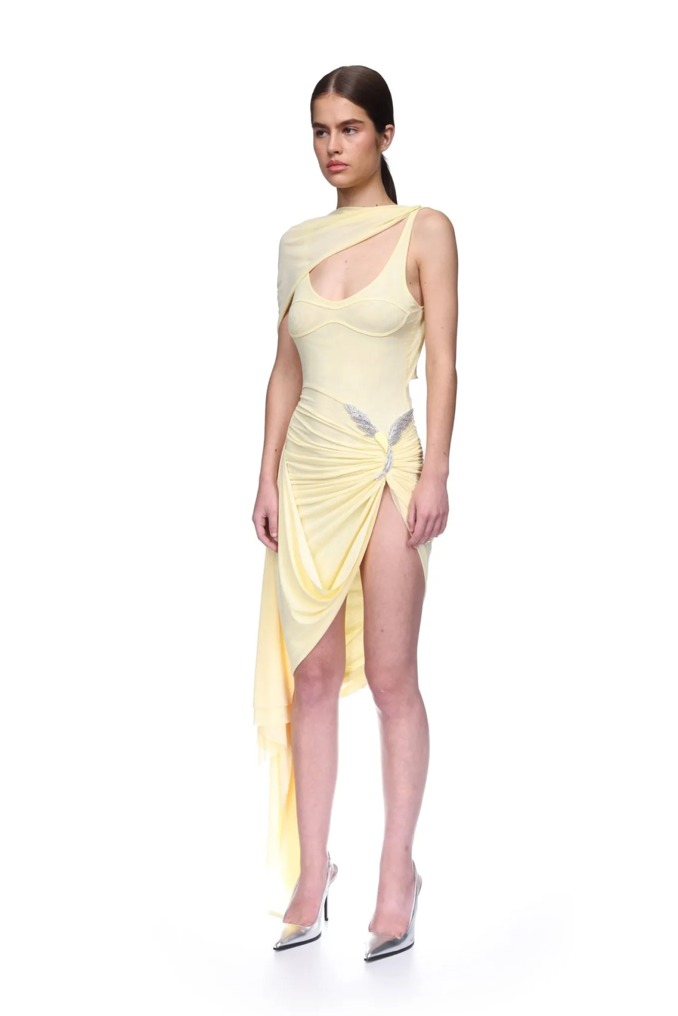 RUCHED ASYMMETRIC MIDI DRESS WITH CRYSTAL HUMMINGBIRD