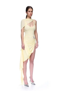 RUCHED ASYMMETRIC MIDI DRESS WITH CRYSTAL HUMMINGBIRD