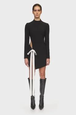SATIN BOW AND LONG SLEEVE MINI DRESS
