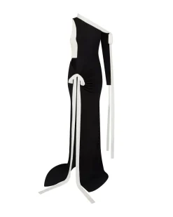 SATIN BOW AND ONE SLEEVE GOWN