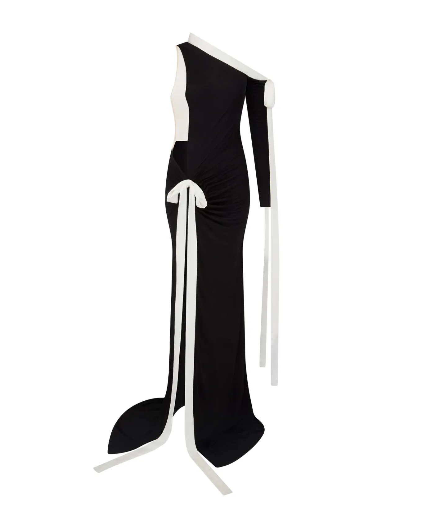 SATIN BOW AND ONE SLEEVE GOWN