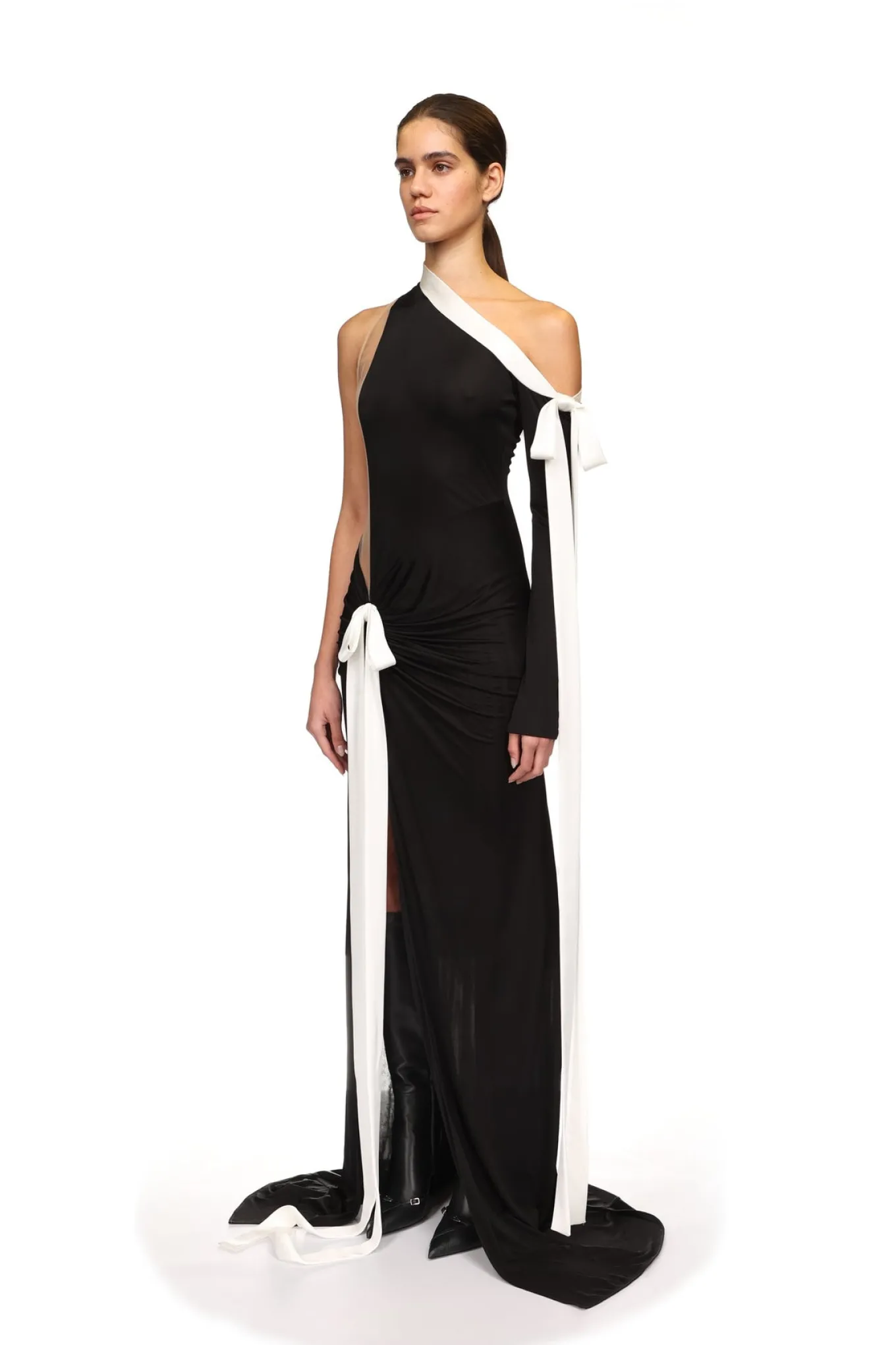 SATIN BOW AND ONE SLEEVE GOWN