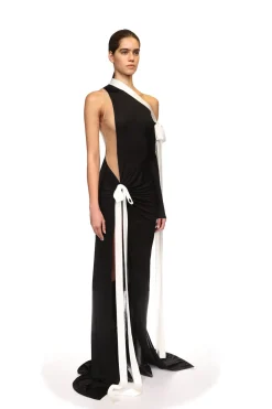 SATIN BOW AND ONE SLEEVE GOWN