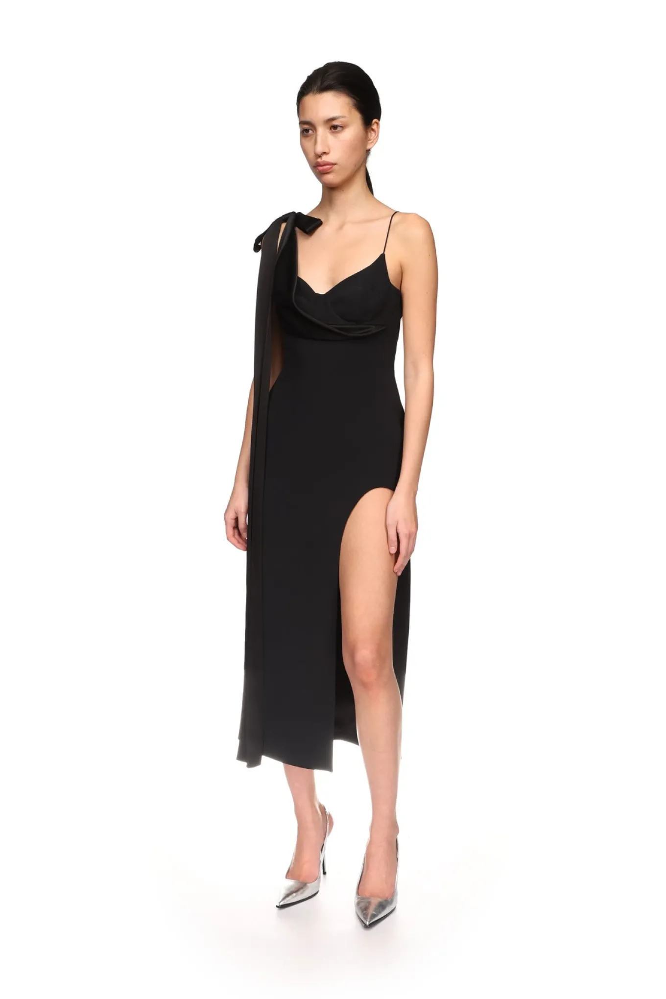 SATIN BOW AND OPEN LEG MIDI DRESS