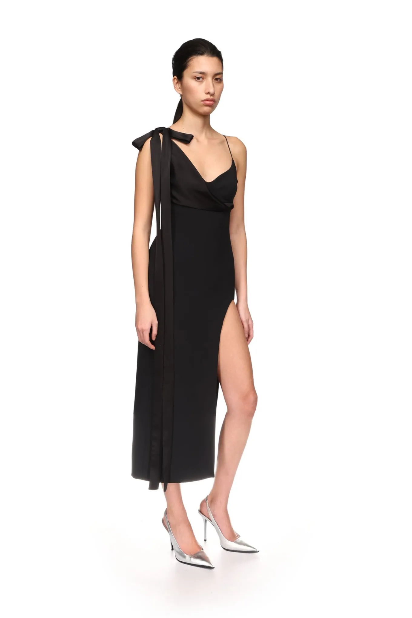 SATIN BOW AND OPEN LEG MIDI DRESS