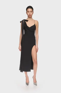 SATIN BOW AND OPEN LEG MIDI DRESS