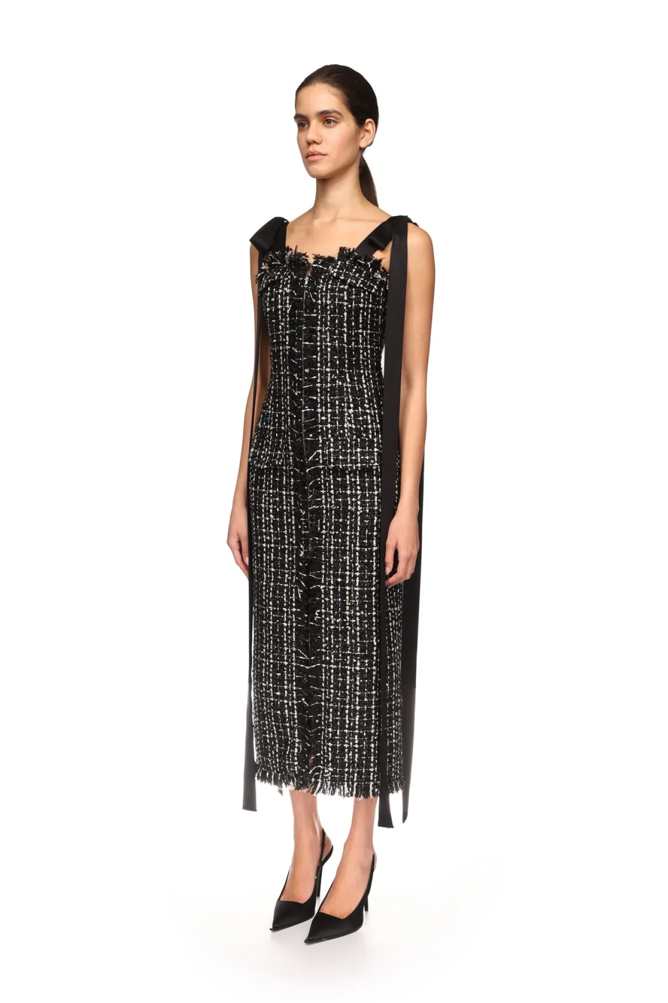 SATIN BOW AND TWEED MIDI DRESS
