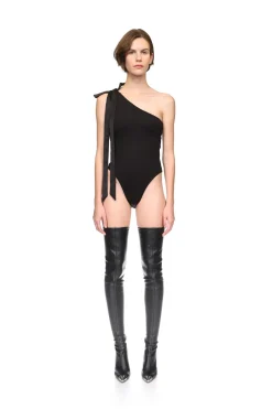 SATIN BOW BODYSUIT IN BLACK