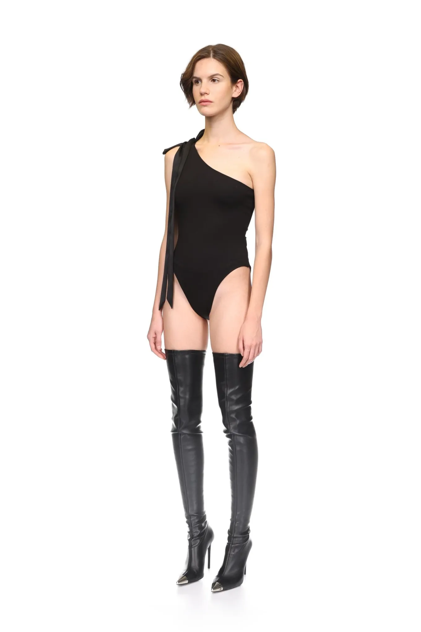 SATIN BOW BODYSUIT IN BLACK