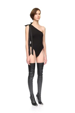 SATIN BOW BODYSUIT IN BLACK