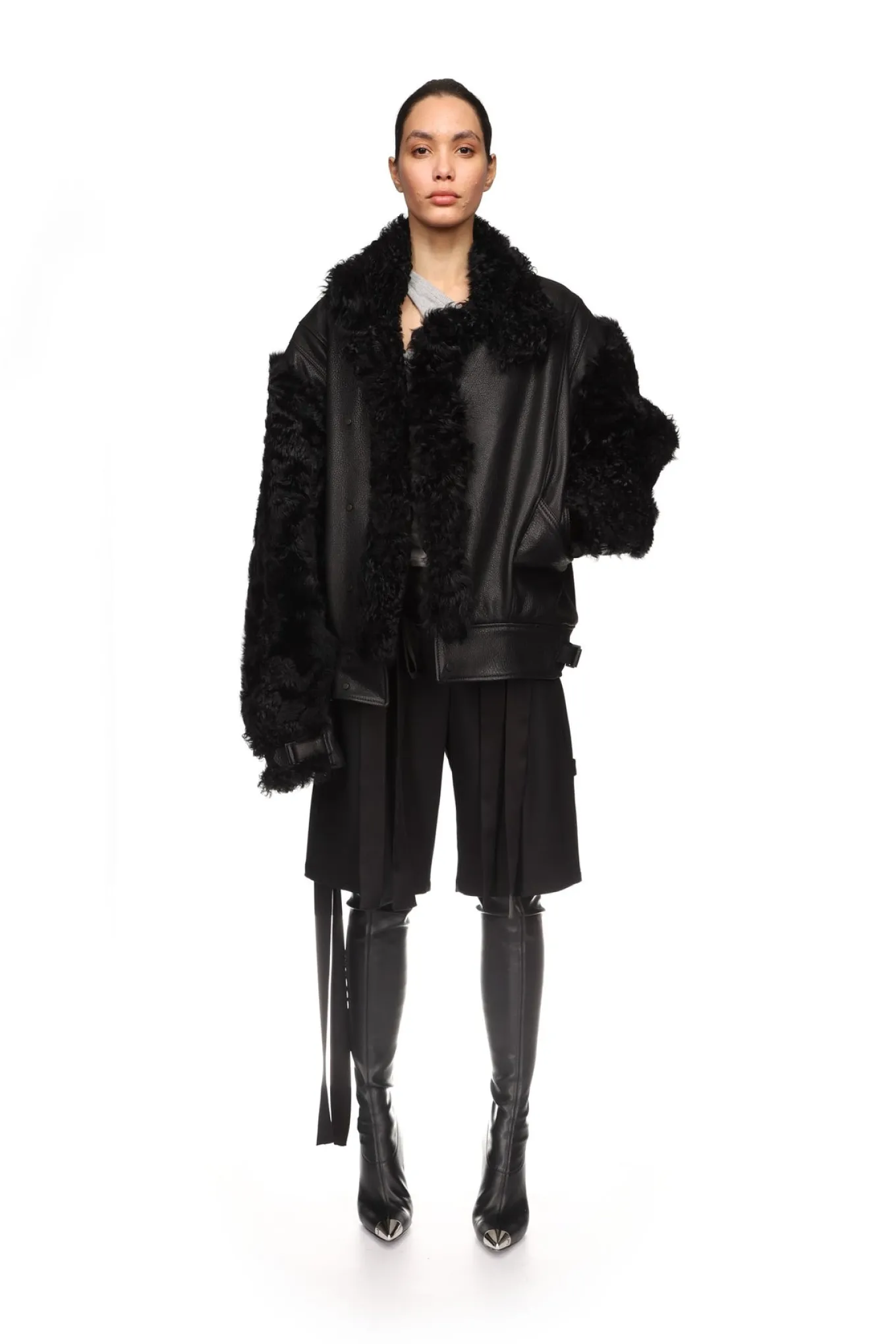 SHEARLING PANEL DETAIL LEATHER JACKET