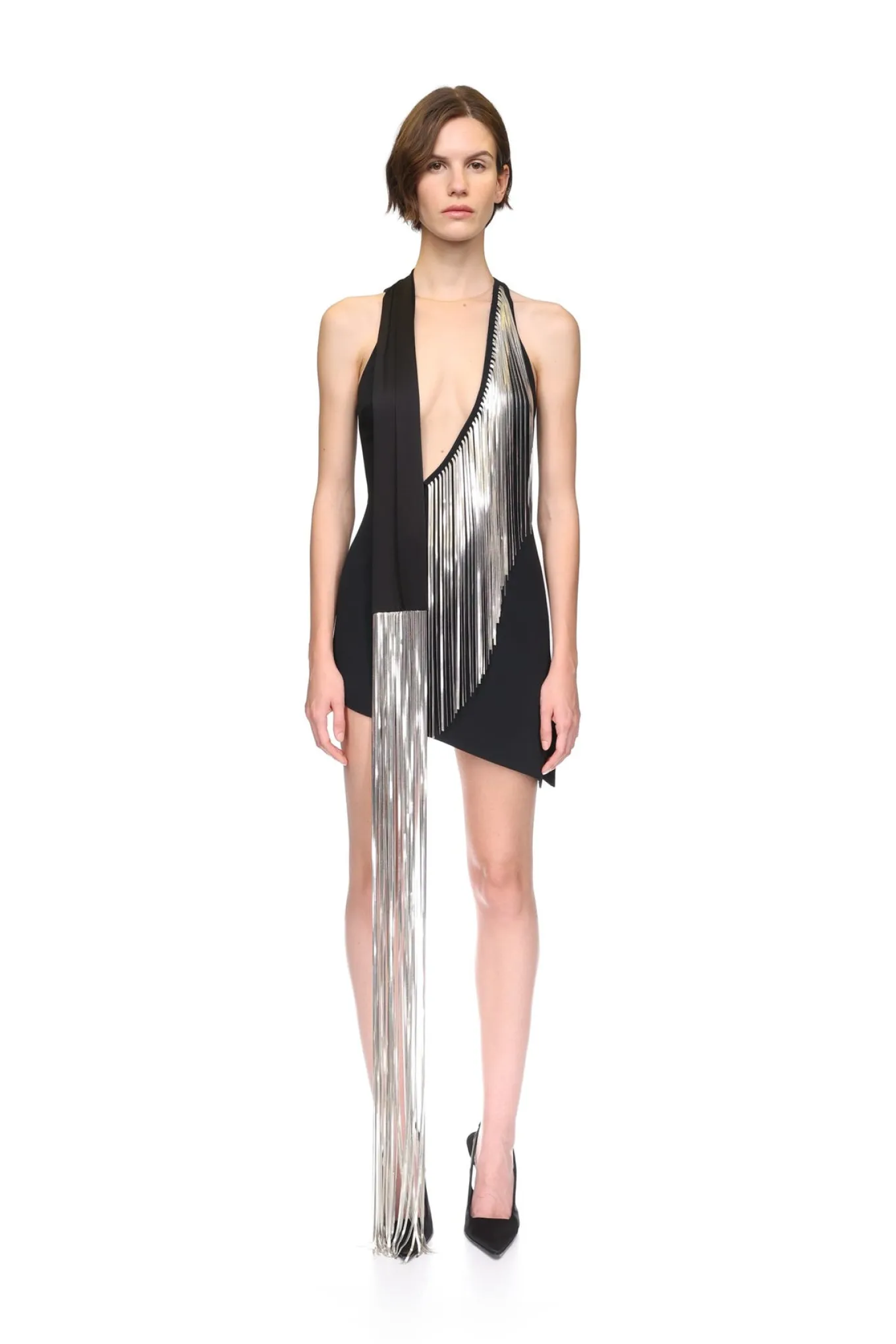 SILVER CHAIN FRINGE ASYMMETRIC MINI DRESS