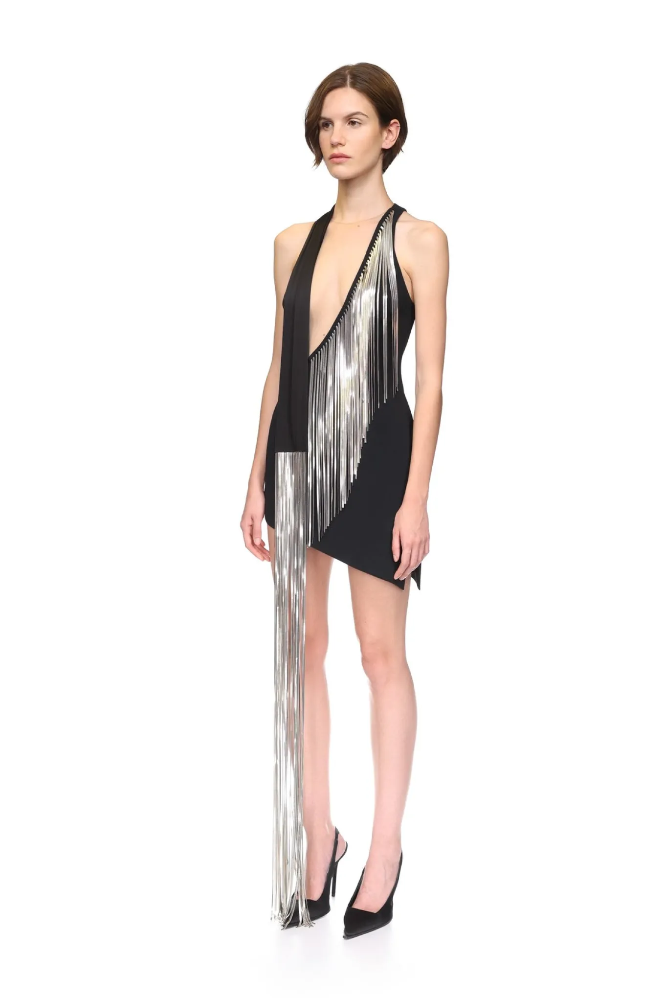 SILVER CHAIN FRINGE ASYMMETRIC MINI DRESS