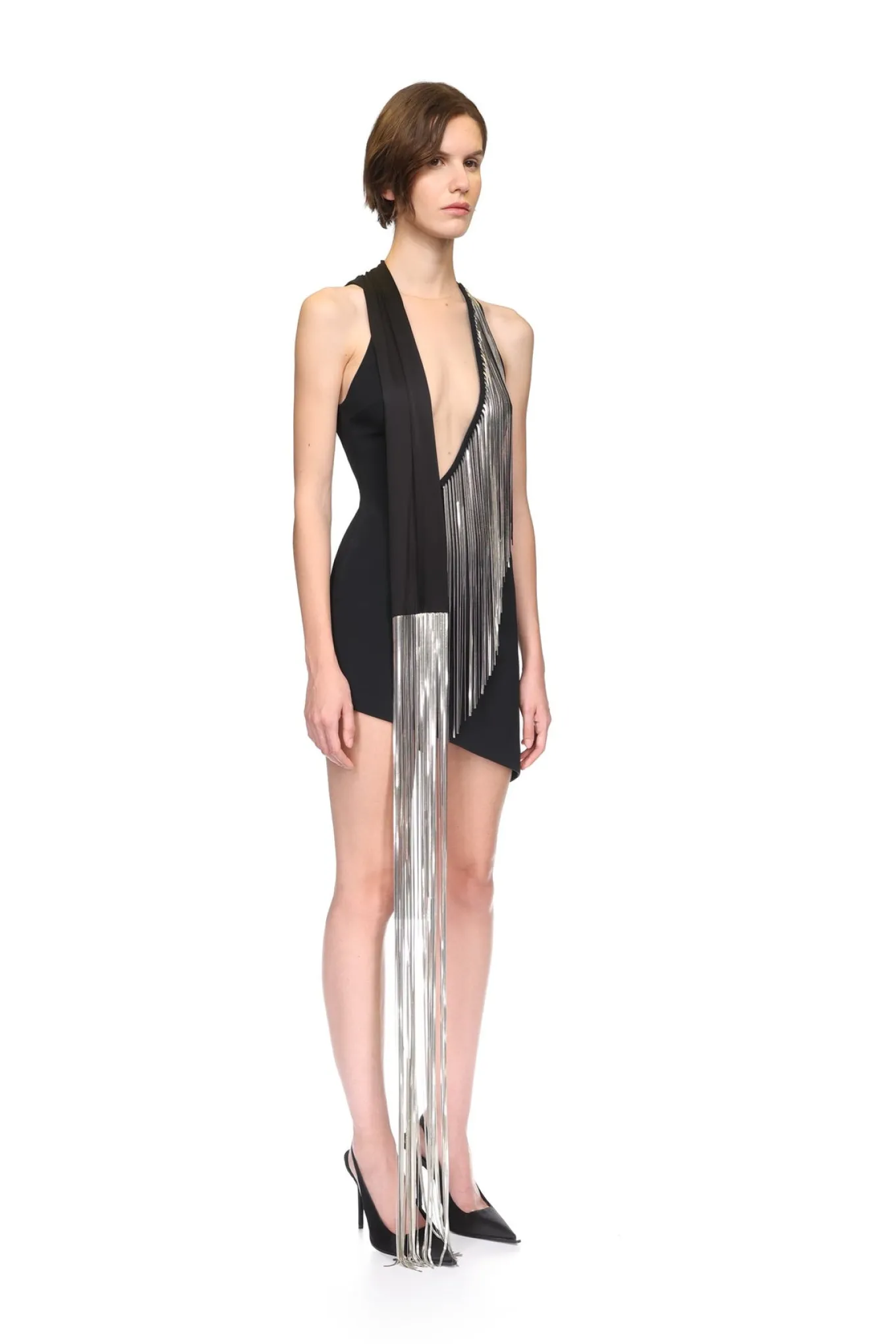 SILVER CHAIN FRINGE ASYMMETRIC MINI DRESS