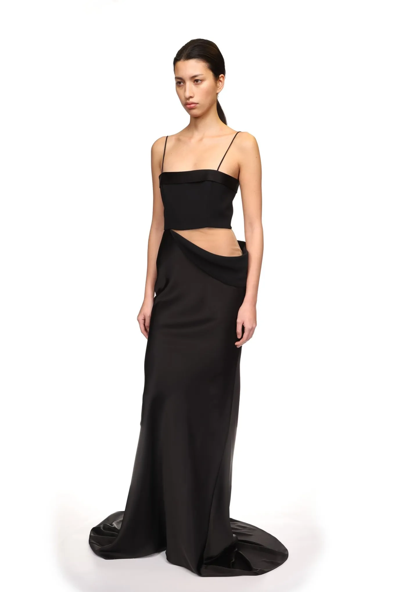 TULLE INSERT AND SATIN DRAPE GOWN