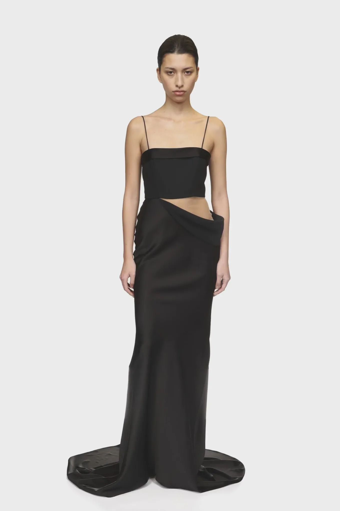 TULLE INSERT AND SATIN DRAPE GOWN