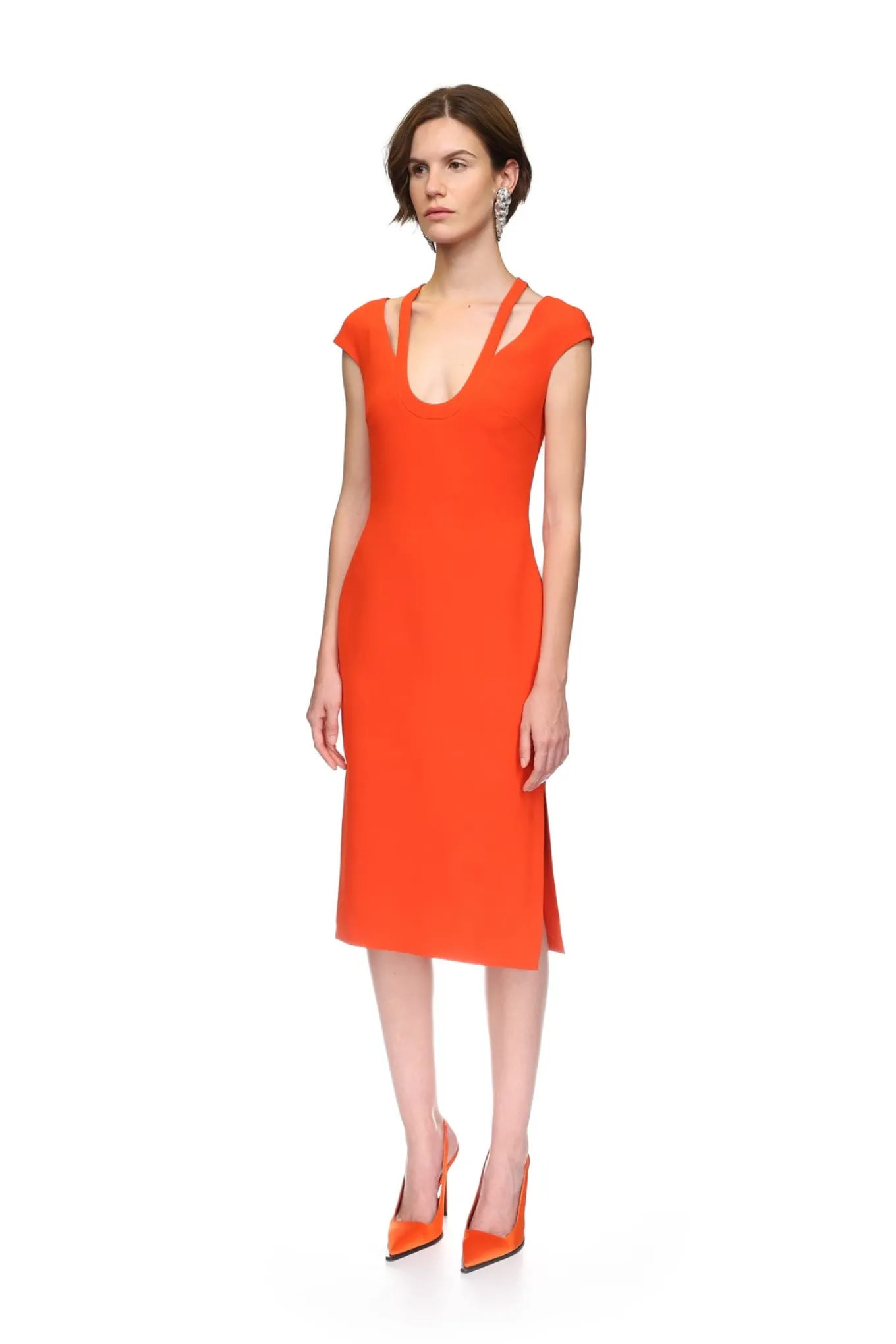 U SHAPE NECKLINE MIDI DRESS IN ORANGE