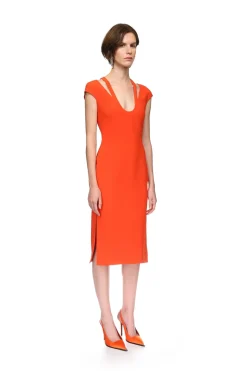 U SHAPE NECKLINE MIDI DRESS IN ORANGE