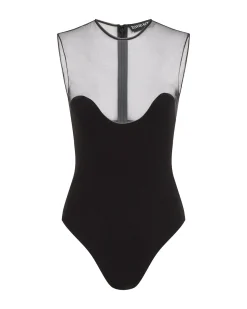 WAVE NECKLINE AND TULLE BODYSUIT IN BLACK