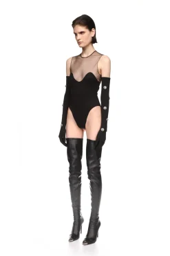 WAVE NECKLINE AND TULLE BODYSUIT IN BLACK