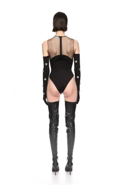 WAVE NECKLINE AND TULLE BODYSUIT IN BLACK
