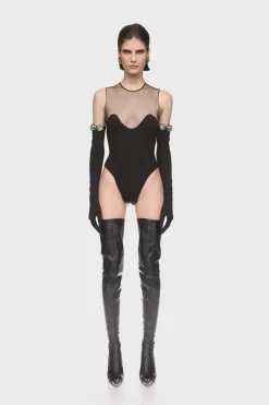 WAVE NECKLINE AND TULLE BODYSUIT IN BLACK