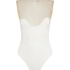 WAVE NECKLINE TULLE INSERT BODYSUIT IN WHITE