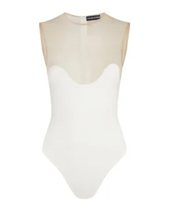 WAVE NECKLINE TULLE INSERT BODYSUIT IN WHITE