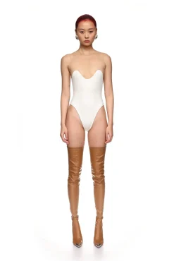 WAVE NECKLINE TULLE INSERT BODYSUIT IN WHITE