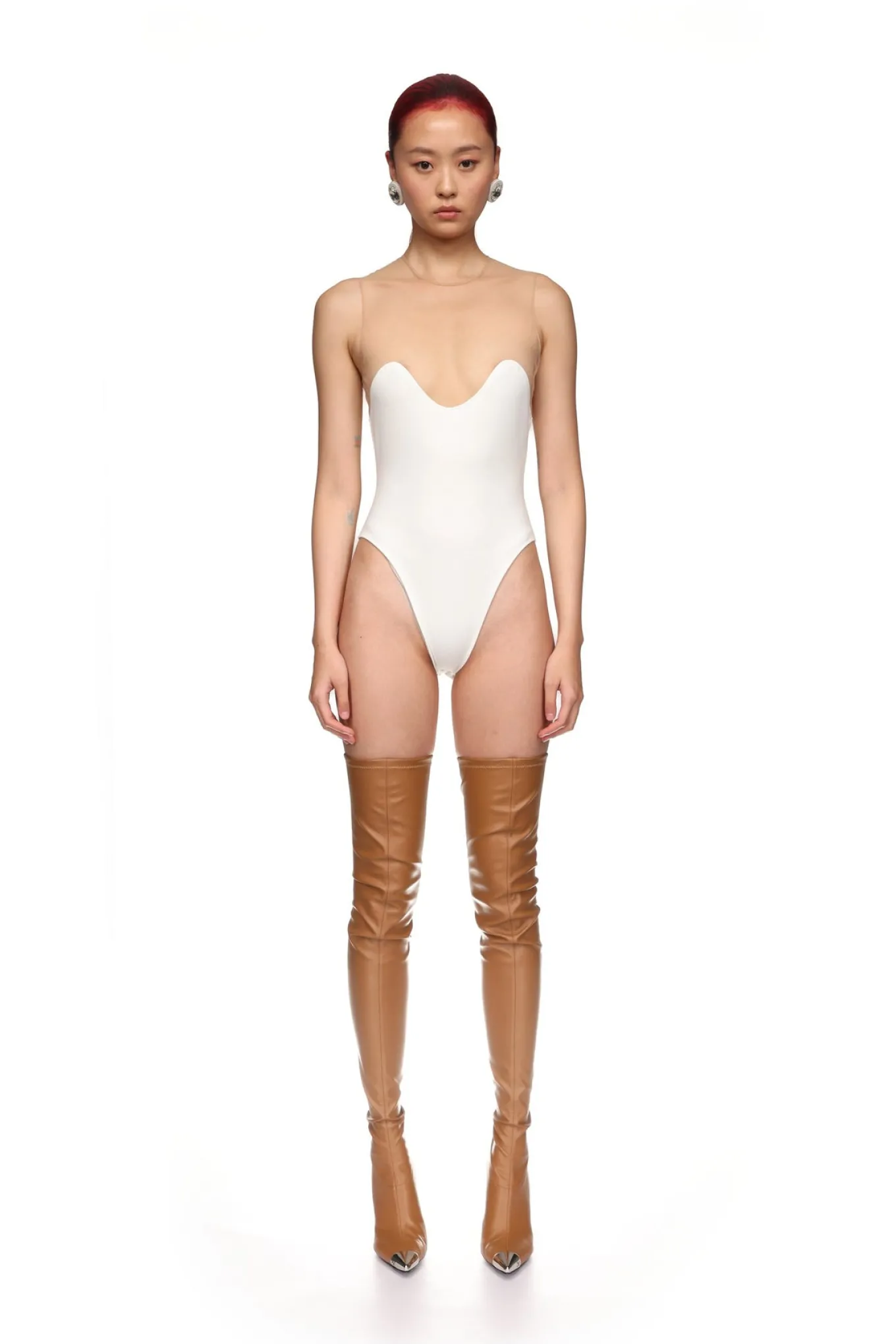 WAVE NECKLINE TULLE INSERT BODYSUIT IN WHITE
