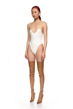 WAVE NECKLINE TULLE INSERT BODYSUIT IN WHITE