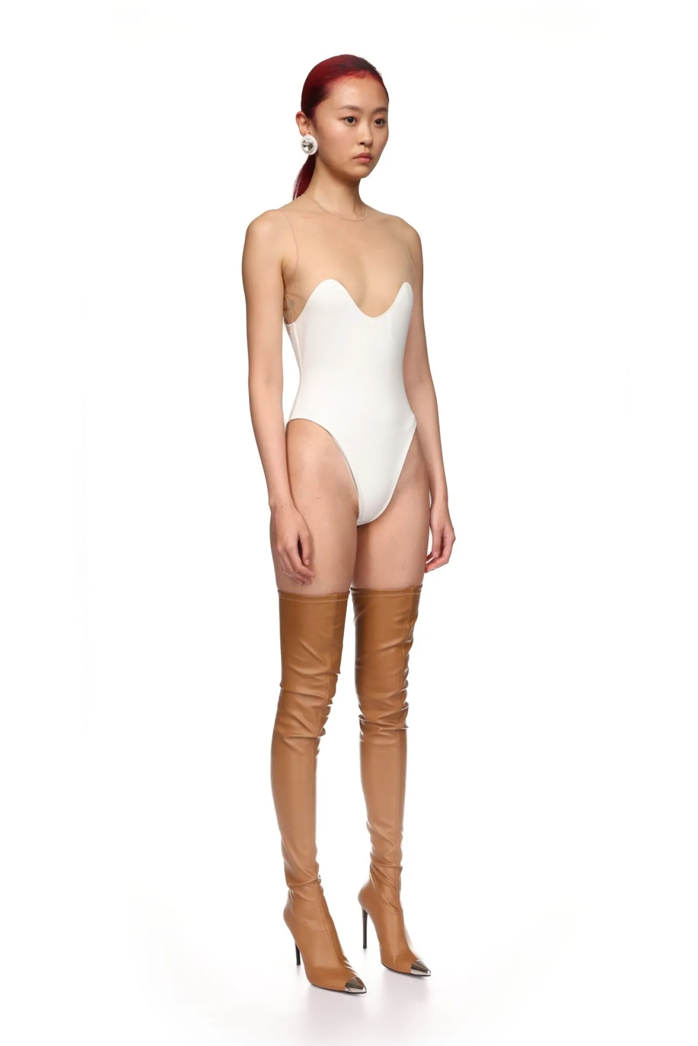 WAVE NECKLINE TULLE INSERT BODYSUIT IN WHITE